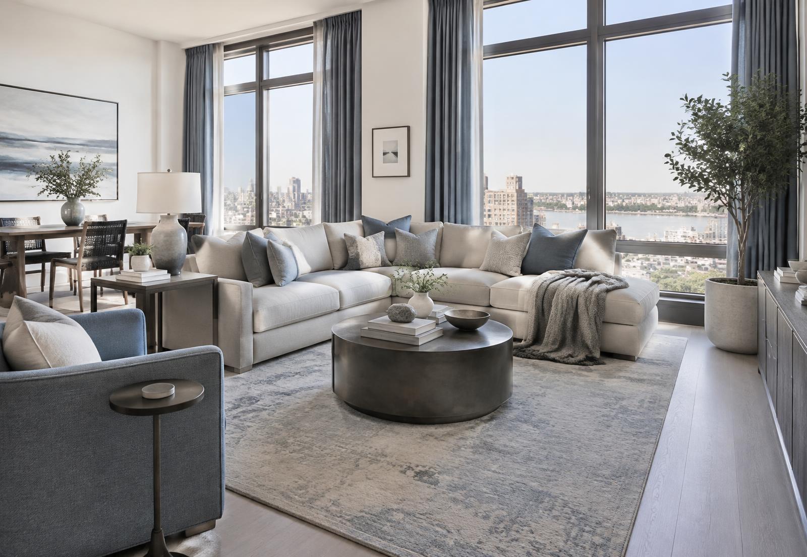 Séjour lumineux d'un appartement contemporain préparé pour la location courte durée