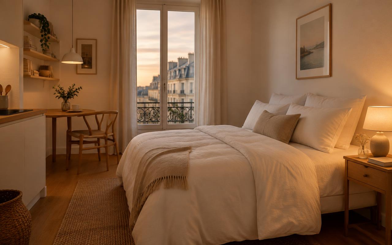 Chambre chaleureuse d'un studio en fin de journée